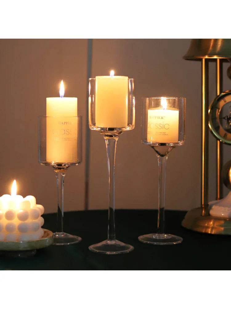 Set Of 3 Modern Light Luxury Glass Candle Holders With High Foot Design For Wedding Decor