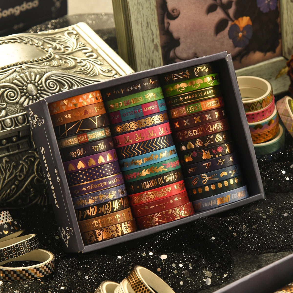 Washi Tape Golden Foil Gothic Set Of 36 Slim 7mm Tapes Each 200cm For Crafters And Scrapbookers