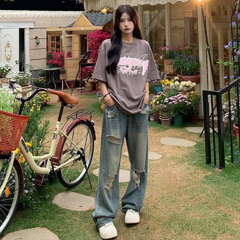 American Vintage Hole Y2k Women Jeans High Waist Jeans Wide Leg Baggy