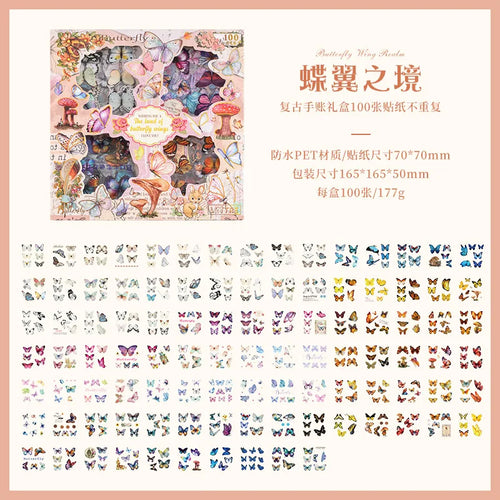 100 Pieces Large Box Stickers Vintage Butterfly Flowers Plant Decorative for Crafts and Scrapbooking