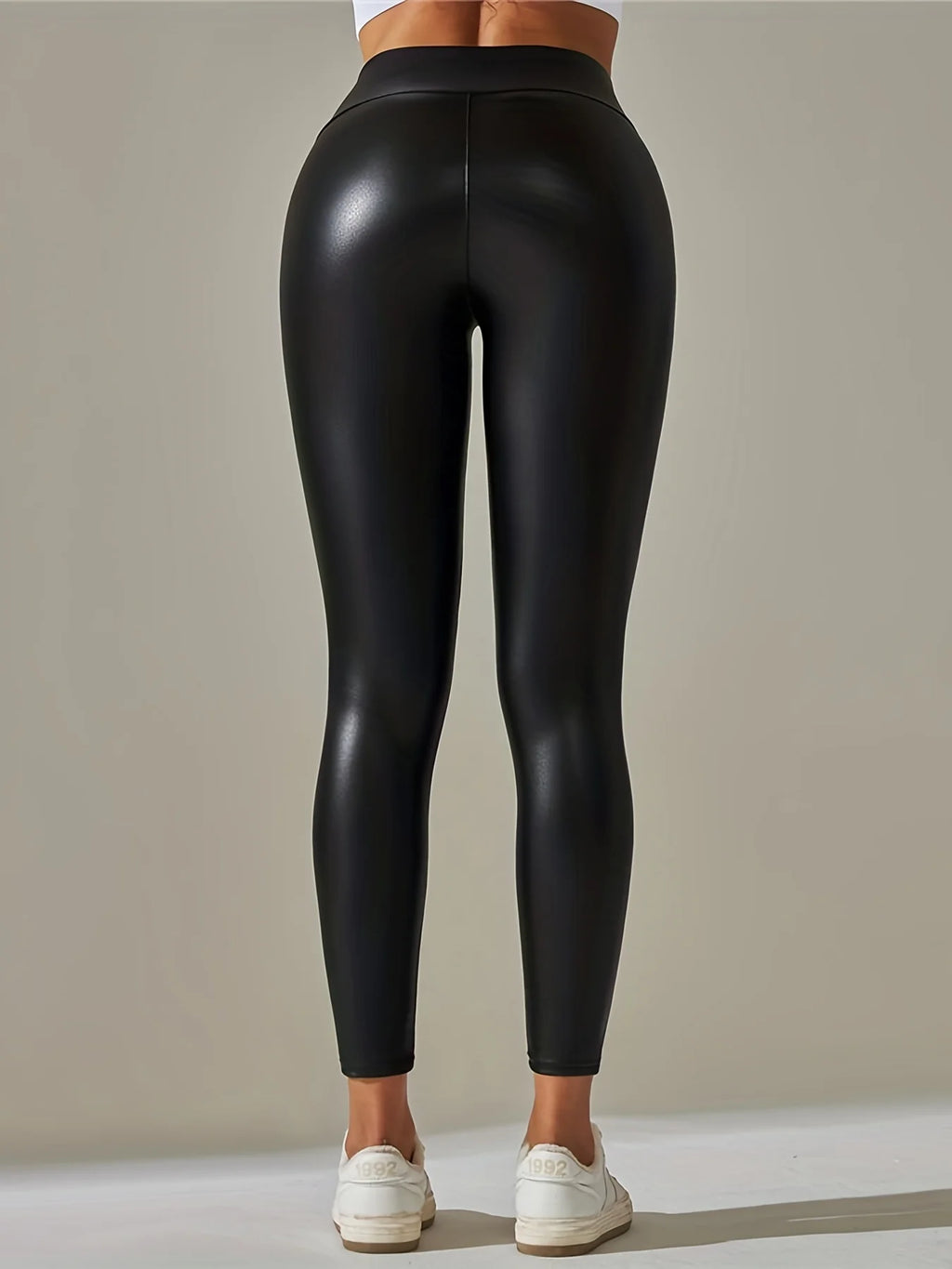 Gothic Solid PU Leather High Waist Leggings, Casual Skinny Long Length