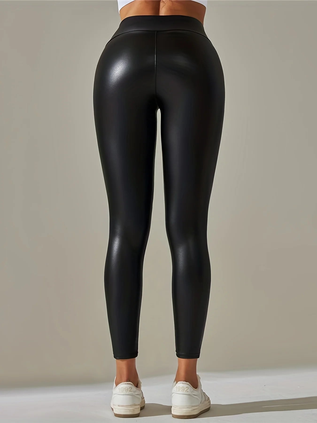 Gothic Solid PU Leather High Waist Leggings, Casual Skinny Long Length