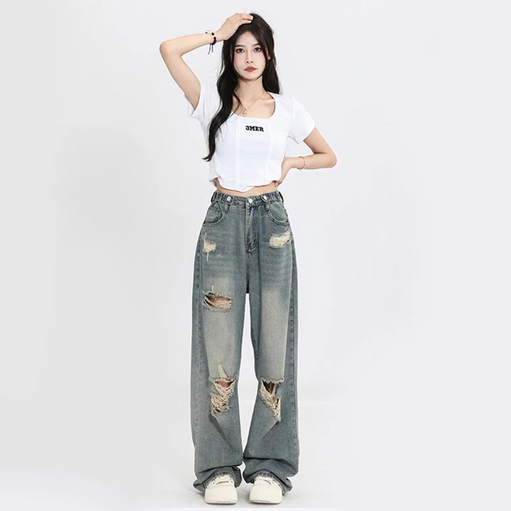 American Vintage Hole Y2k Women Jeans High Waist Jeans Wide Leg Baggy