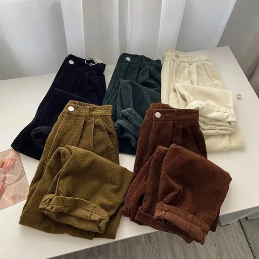 Retro High Waist Corduroy Pants Women Spring Fall Straight Causal Full