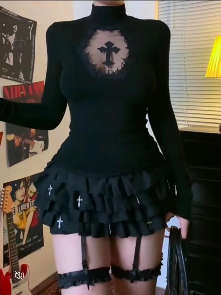 Turtleneck Top Y2k Clothes Black Gothic Cross Hollow Slimming Bottom T