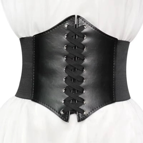Vintage Slim Elastic High Waist Belt Women Simple Black Lace-up Pu