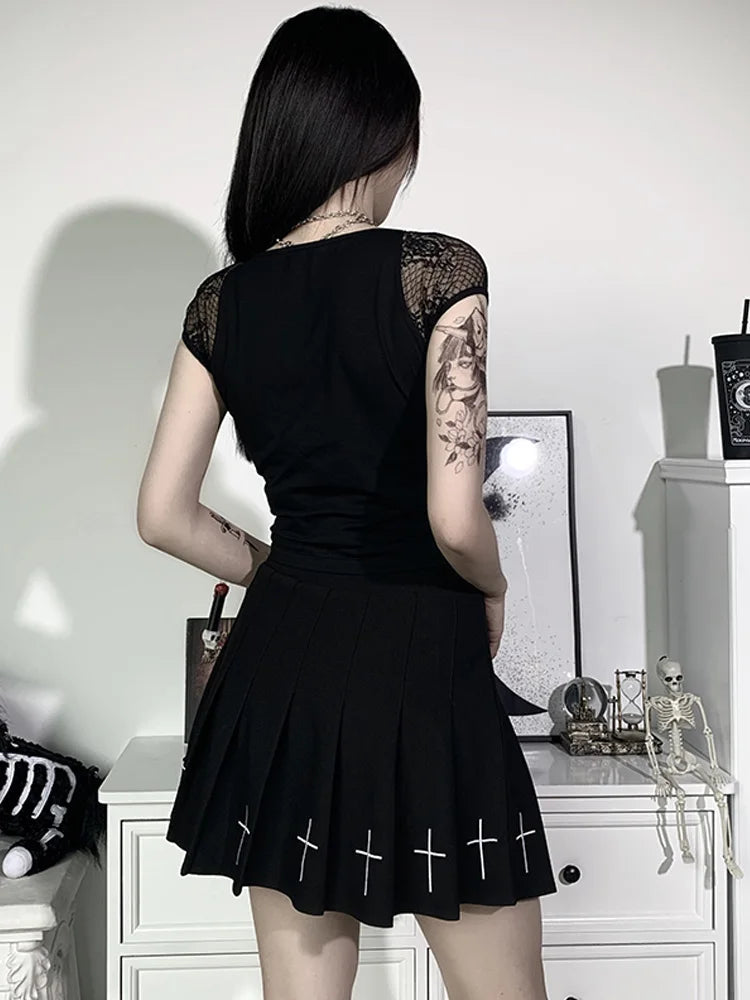 Women's Vintage Gothic T-shirt Bodycon Bandage Lace Black Mesh Top