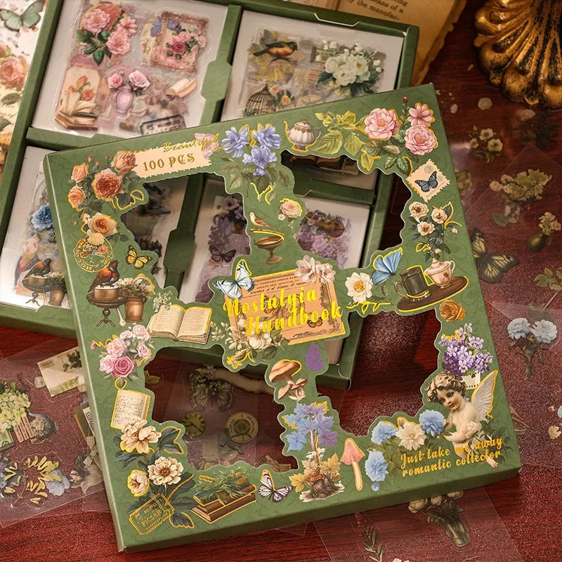 Journamm 100pcs/pack Vintage Decor Sticker Gift Box Set Waterproof PET