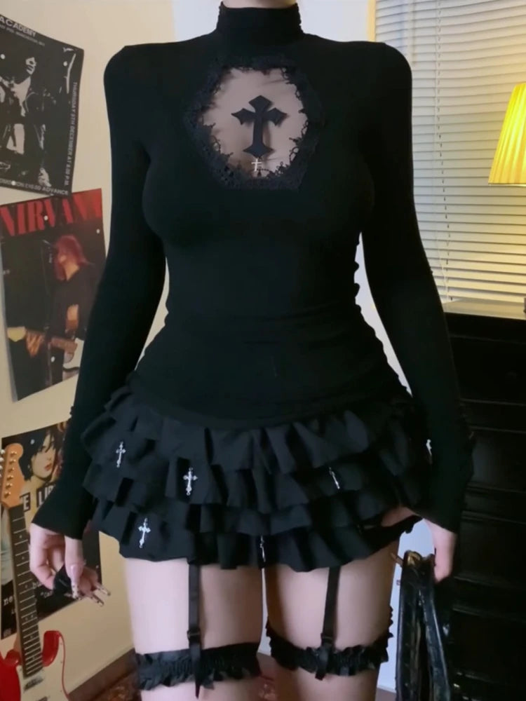 Turtleneck Top Y2k Clothes Black Gothic Cross Hollow Slimming Bottom T