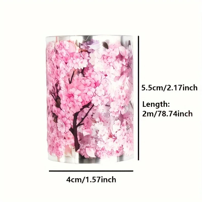 2 Meter Sakura PET Decorative Tape Pink Flower Transparent Washi Tape Waterproof Five Point Five Cm Wide