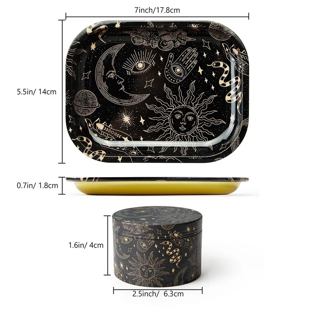 1/2 Piece Moon and Star Metal Rolling Tray and Herb Grinder