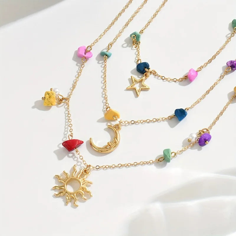 Bohemian Multi-Layer Gold Color Celestial Pendant Necklace with
