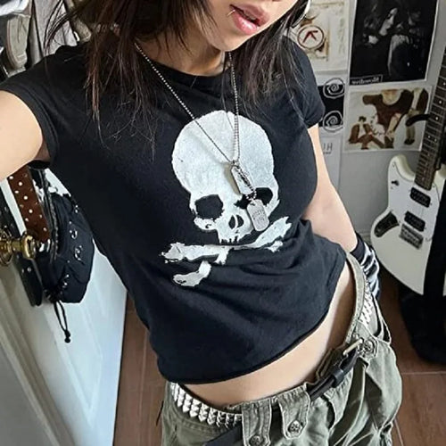 Vintage Grunge Graphic Print Short Sleeve T-Shirt Y2k Slim Crop Top