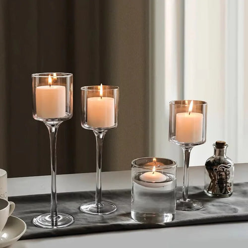 Set Of 3 Modern Light Luxury Glass Candle Holders With High Foot Design For Wedding Decor