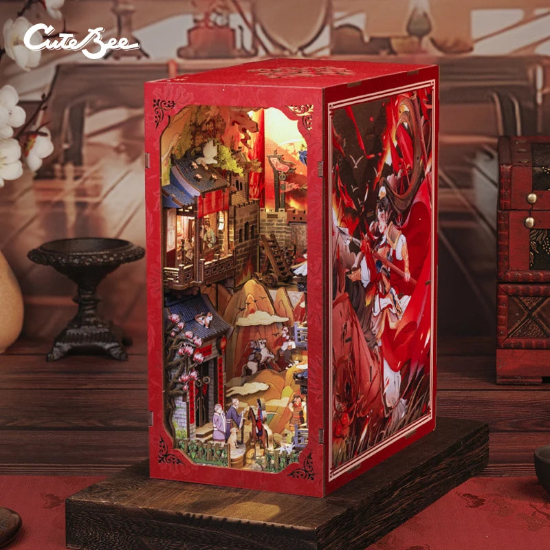 CUTEBEE Chinese Style Book Nook Wooden Dollhouse with Light Dust Cover