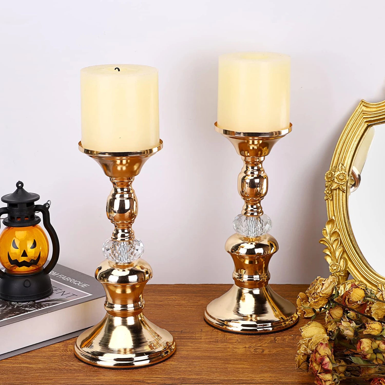 Gold Metal Pillar Candlestick Holders Vintage Pillar Candle Holders