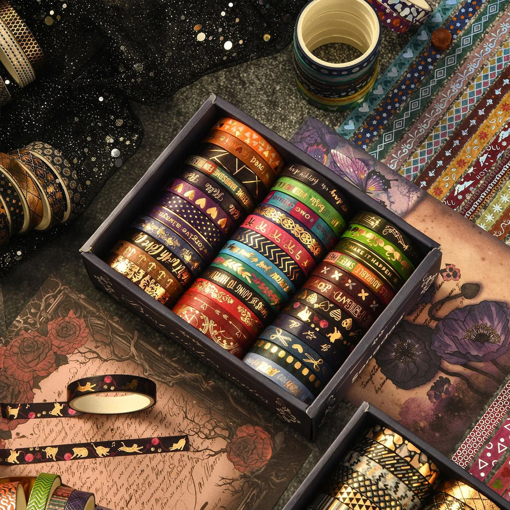 Washi Tape Golden Foil Gothic Set Of 36 Slim 7mm Tapes Each 200cm For Crafters And Scrapbookers