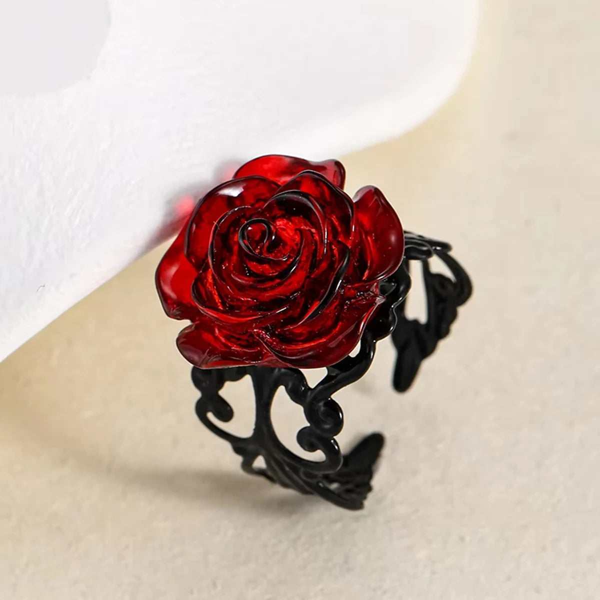 Punk Gothic Red Rose Ring Ornate Black Vine Witch Pagan Vintage