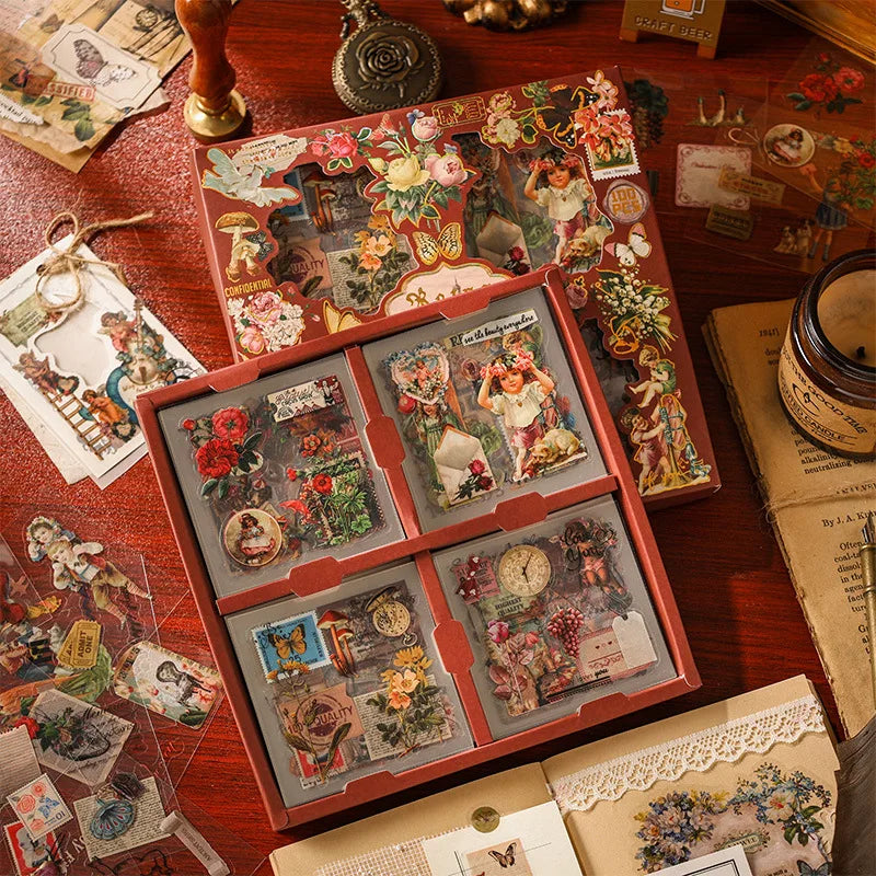 100 Pieces Large Box Stickers Vintage Butterfly Flowers Plant Decorative for Crafts and Scrapbooking