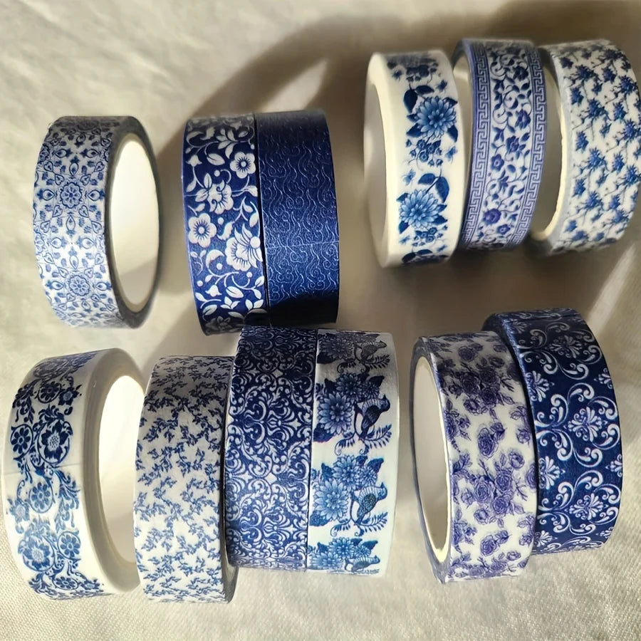 Blue & White Washi Tape Set; Pretty Chinoiserie Designs; 12 Rolls!
