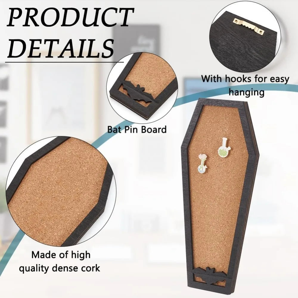 Coffin Bat Cork Board Pinboard 11.2 By 4.7 Inch Dual Display Wall Or Tabletop Gothic Bulletin
