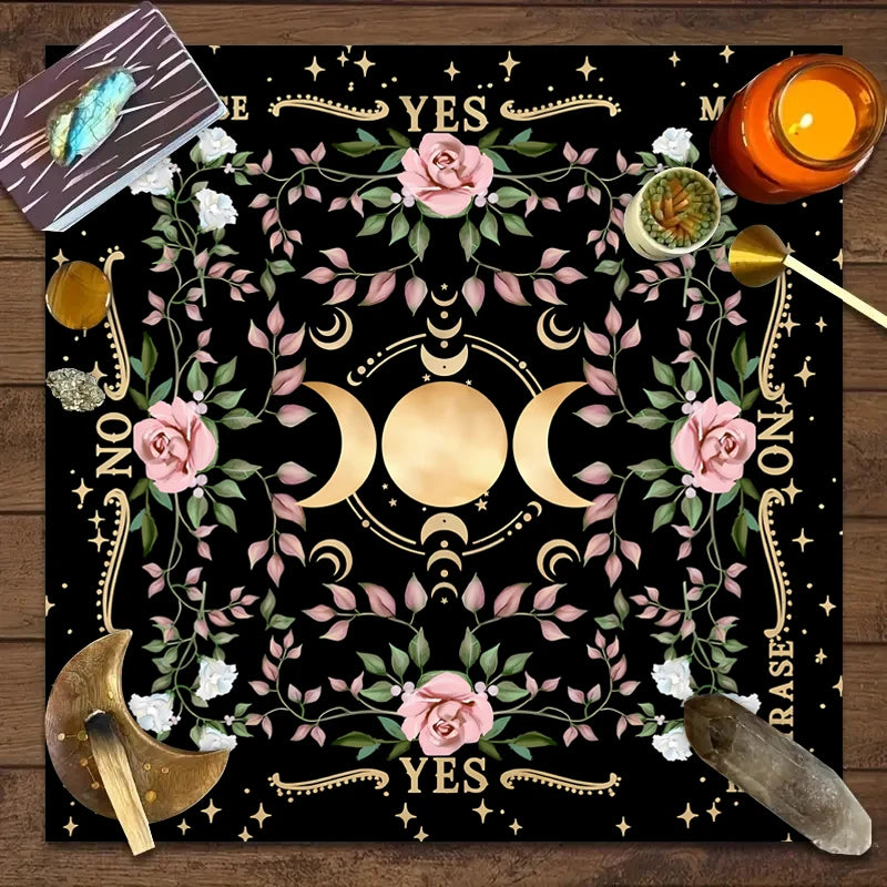 Altar Cloth For Tarot Card Readings Triple Moon Flower And Plant Gothic Mystic Design