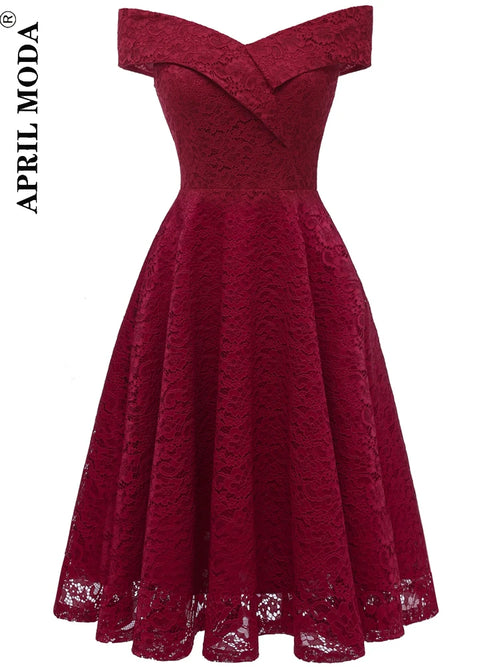 Women Vintage Lace Dress Formal Red Black Green Slash Neck Tulle Midi