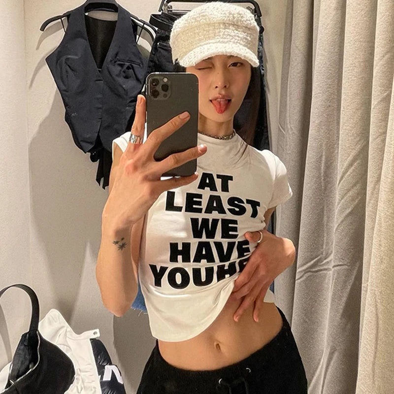 Women T-Shirt Y2k Tops Crop Top Letter 2000s Harajuku Summer Korean