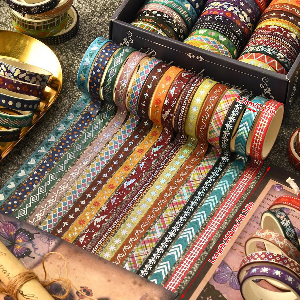 36 Rolls Slim Golden Foiled Washi Tapes Set 7mm Skinny Masking Tapes Each Roll 200cm