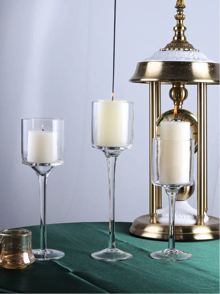 Set Of 3 Modern Light Luxury Glass Candle Holders With High Foot Design For Wedding Decor