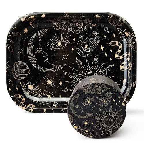 1/2 Piece Moon and Star Metal Rolling Tray and Herb Grinder