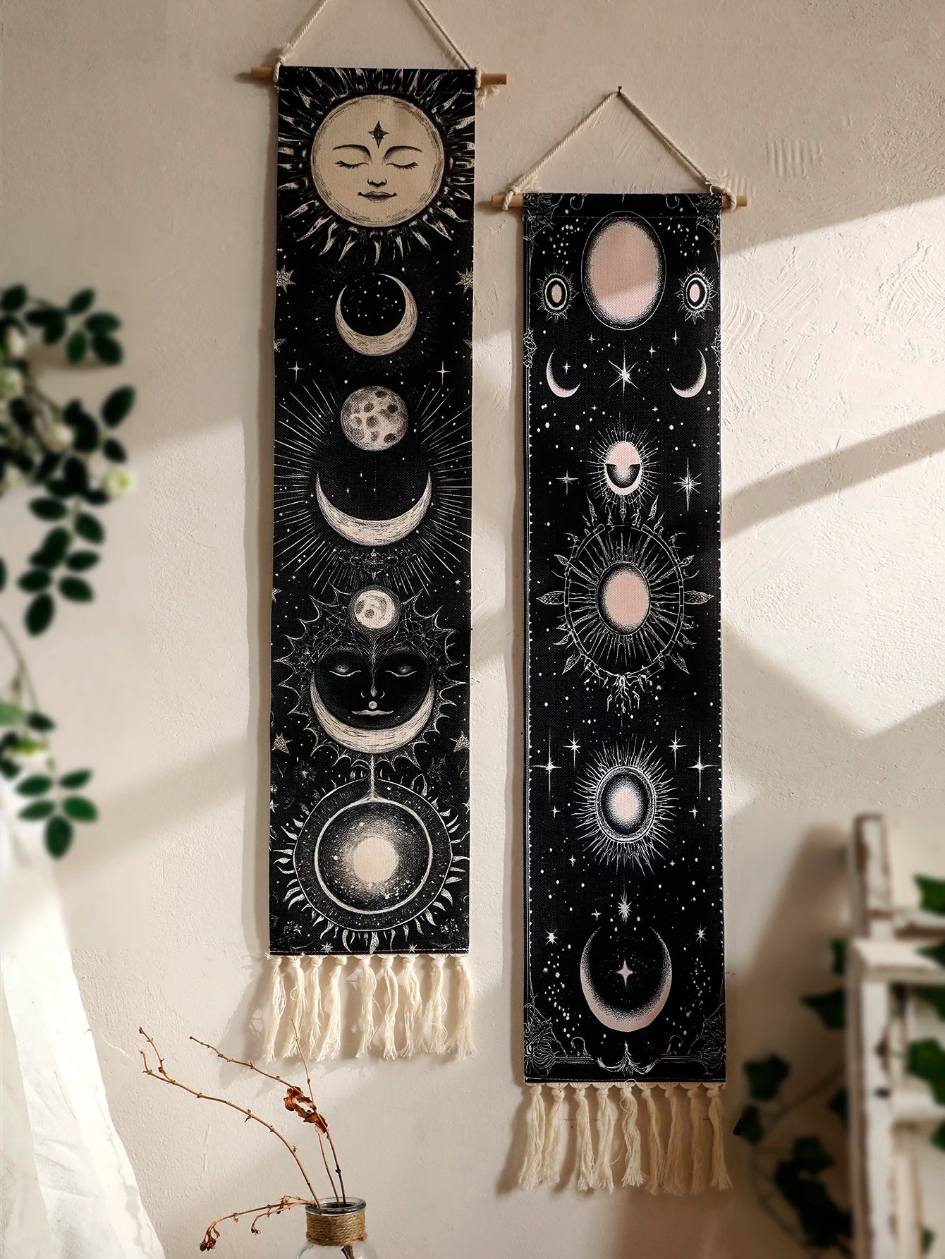 Moon Phase Celestial Wall Tapestry Boho Black And White For Gothic Home Decor Lovers