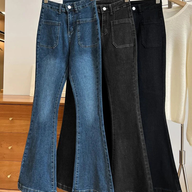 New High Waist Trousers Loose Washed Jeans Pockets Slim Denim Flare