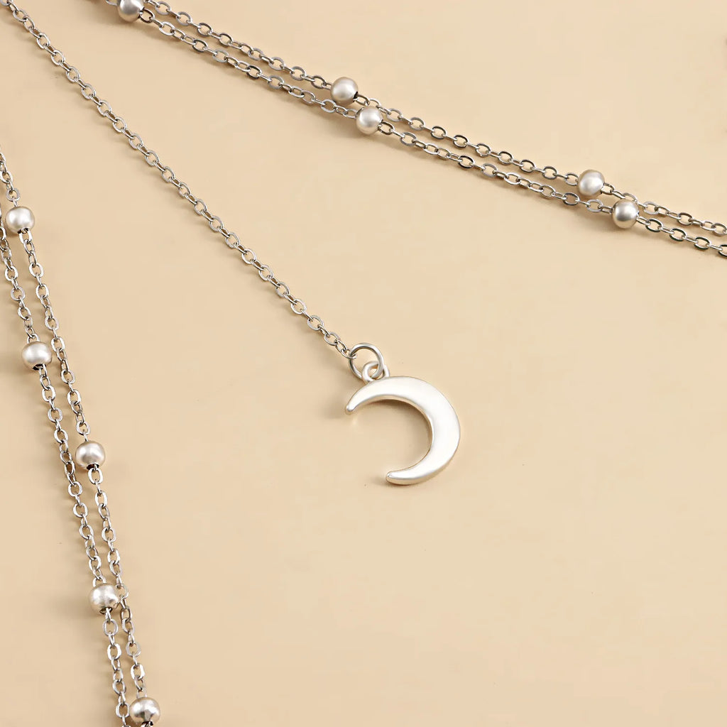 Double Layer Beads Leg Chain Sex Silver Color Metal Crescent Pendant