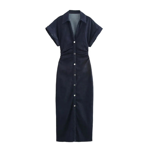 ETJ 2025 traf Spring New 1975 series denim MIDI dress with lapel side