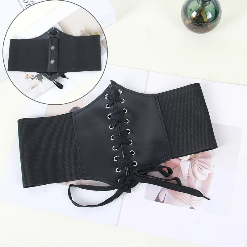 Vintage Slim Elastic High Waist Belt Women Simple Black Lace-up Pu