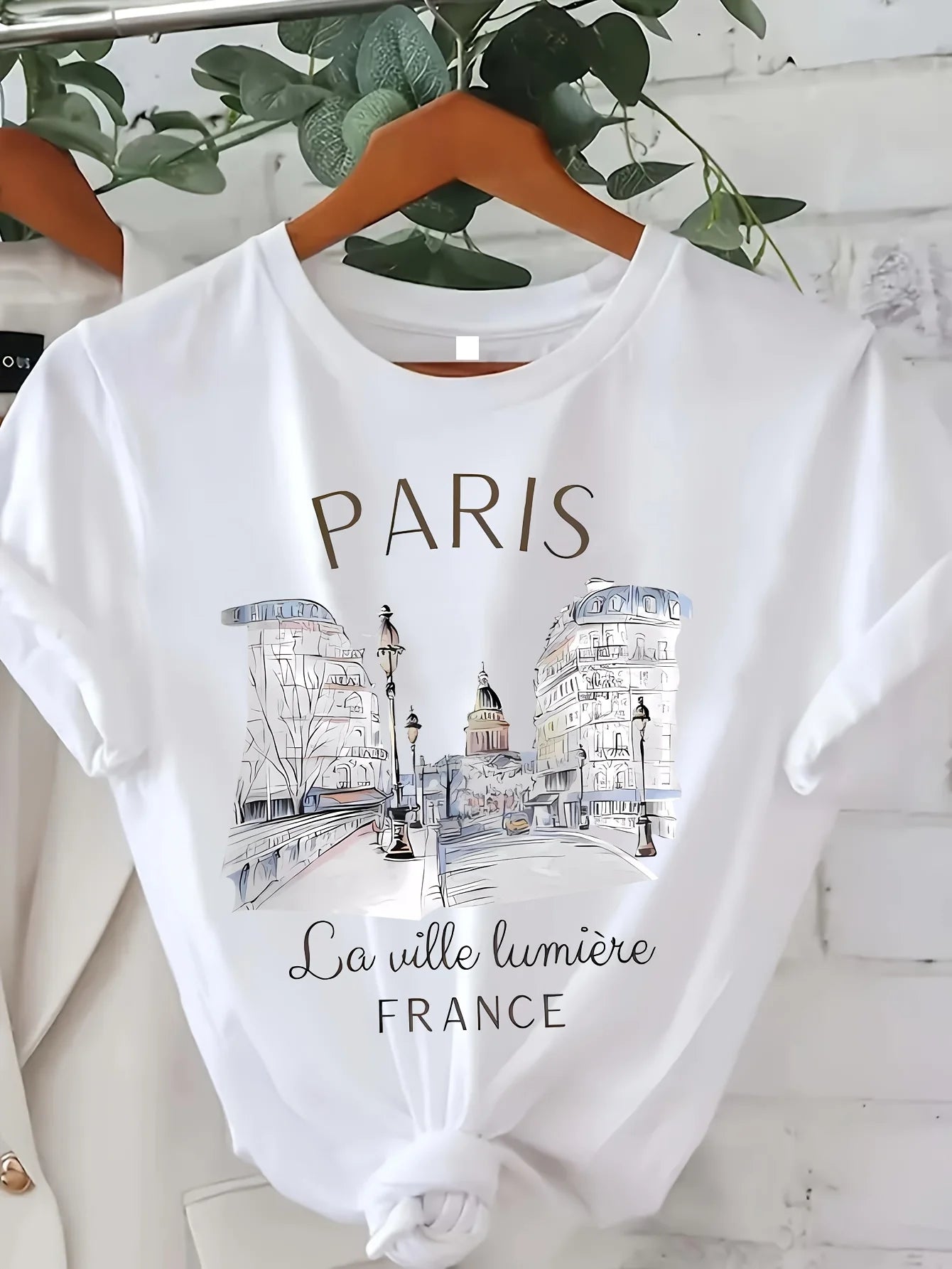 Paris Print T-shirt, Short Sleeve Crew Neck Casual Top for Summer &