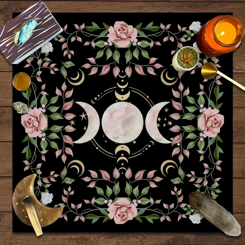Altar Cloth For Tarot Card Readings Triple Moon Flower And Plant Gothic Mystic Design