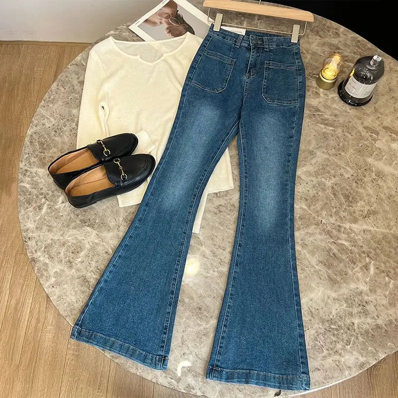 New High Waist Trousers Loose Washed Jeans Pockets Slim Denim Flare