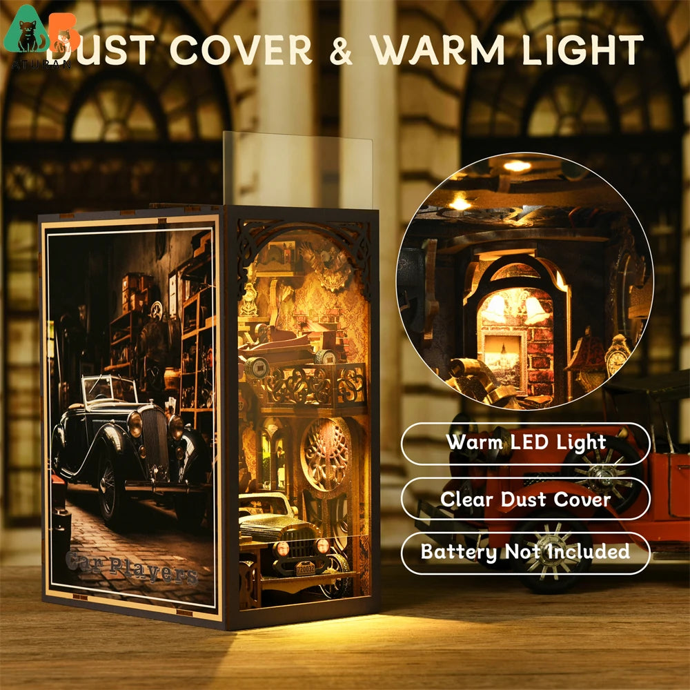 ATUBAN Book Nook Kit Classic Car F1 DIY Wooden Puzzle Bookshelf Insert