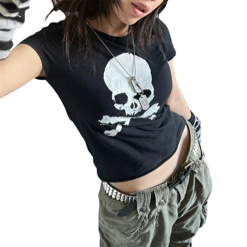 Vintage Grunge Graphic Print Short Sleeve T-Shirt Y2k Slim Crop Top