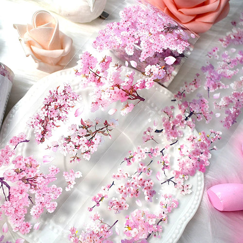 2 Meter Sakura PET Decorative Tape Pink Flower Transparent Washi Tape Waterproof Five Point Five Cm Wide