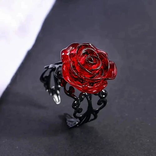 Punk Gothic Red Rose Ring Ornate Black Vine Witch Pagan Vintage