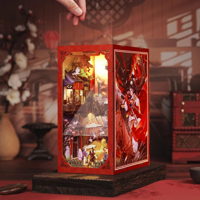 CUTEBEE Chinese Style Book Nook Wooden Dollhouse with Light Dust Cover