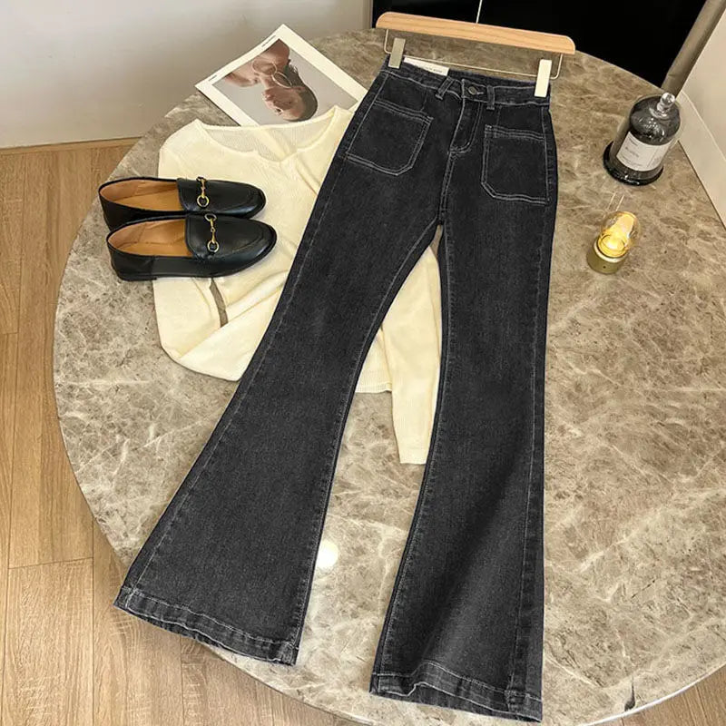 New High Waist Trousers Loose Washed Jeans Pockets Slim Denim Flare
