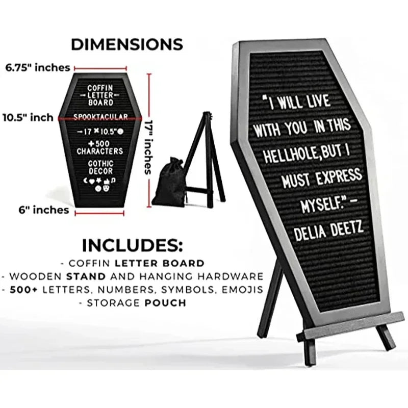 Coffin Letter Board 40x28cm Black With Spooky Wooden Stand Gothic Home Decor For Halloween Fans