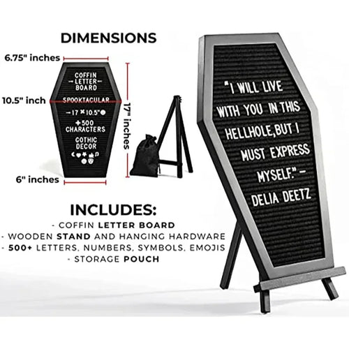 Coffin Letter Board 40x28cm Black With Spooky Wooden Stand Gothic Home Decor For Halloween Fans