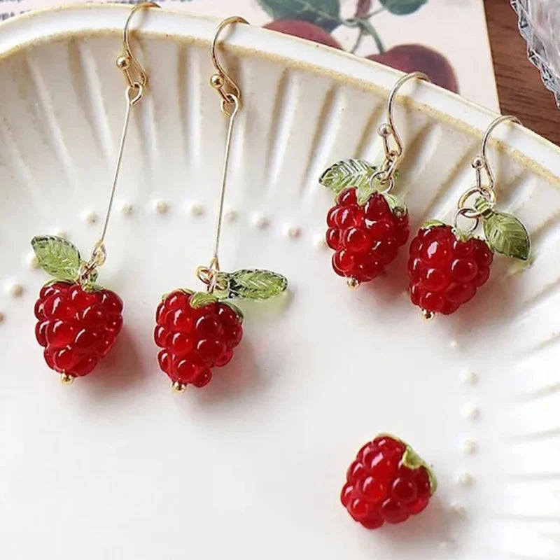 Korean Red Raspberry Long Drop Hook Earrings For Women Sweet Fruit