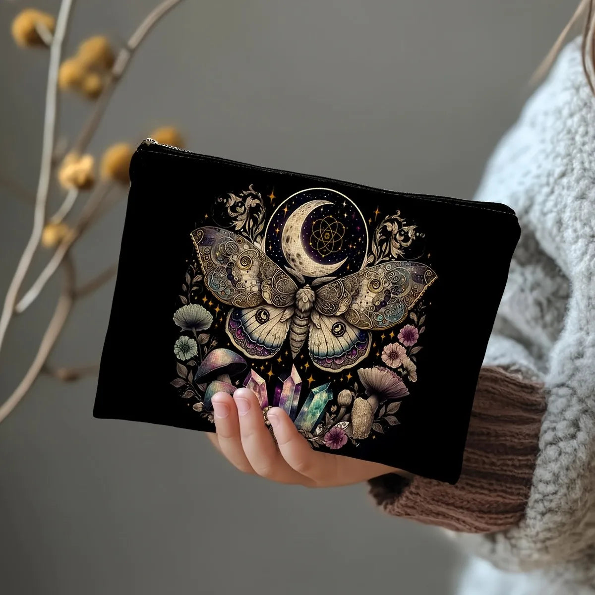 Elegant Celestial Gothic Moth Makeup Bag And Stationery Organizer For Students And Creatives