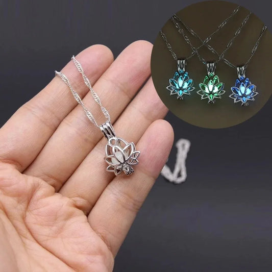 Luminous Glowing In The Dark Moon Lotus Flower Shaped Pendant Necklace